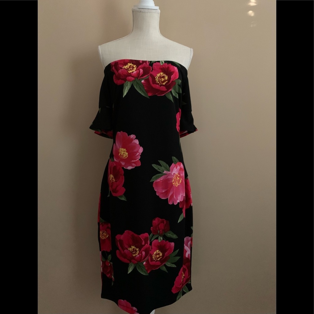 Off Shoulders Midi Black Floral Dress 16 - Picture 10 of 11